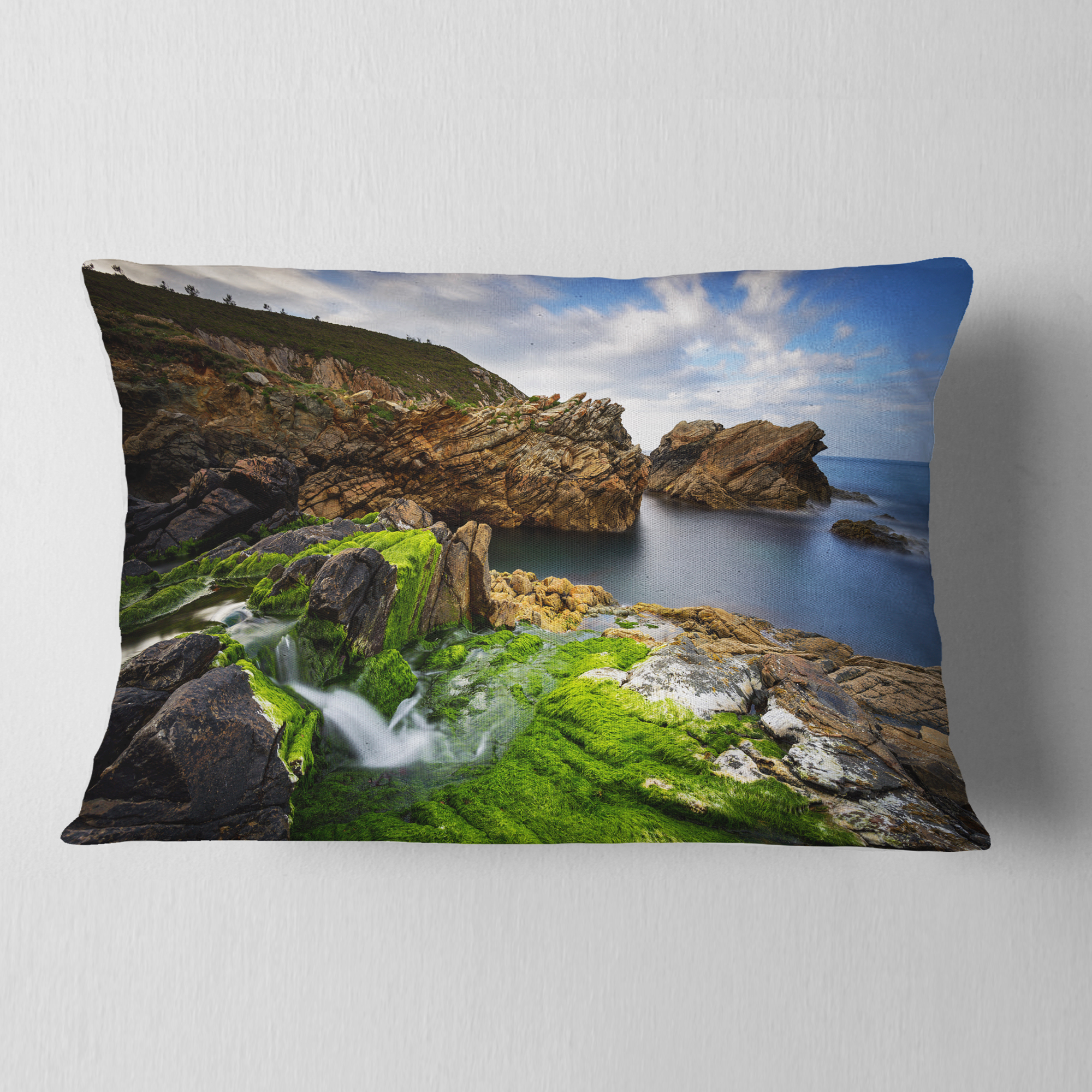 Designart Rocks and Waterfall in Spanish Coast - Seashore Photo Throw Pillow - 12x20