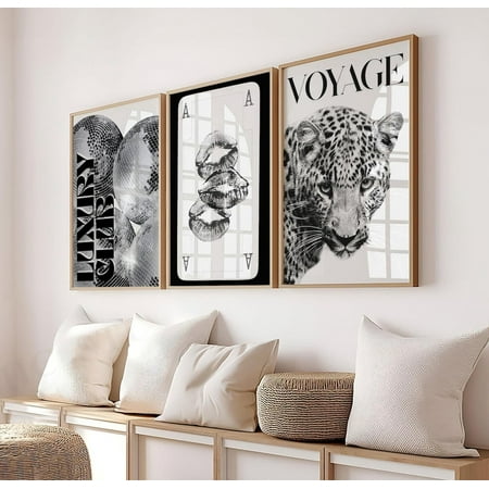 UNFFRAMED Trendy Black And White Gallery Set Fashion Stylish Posters Leopard Decor Office Aesthetic Girly Wall Art Fashion Magazine Set 3 Prints 16x24