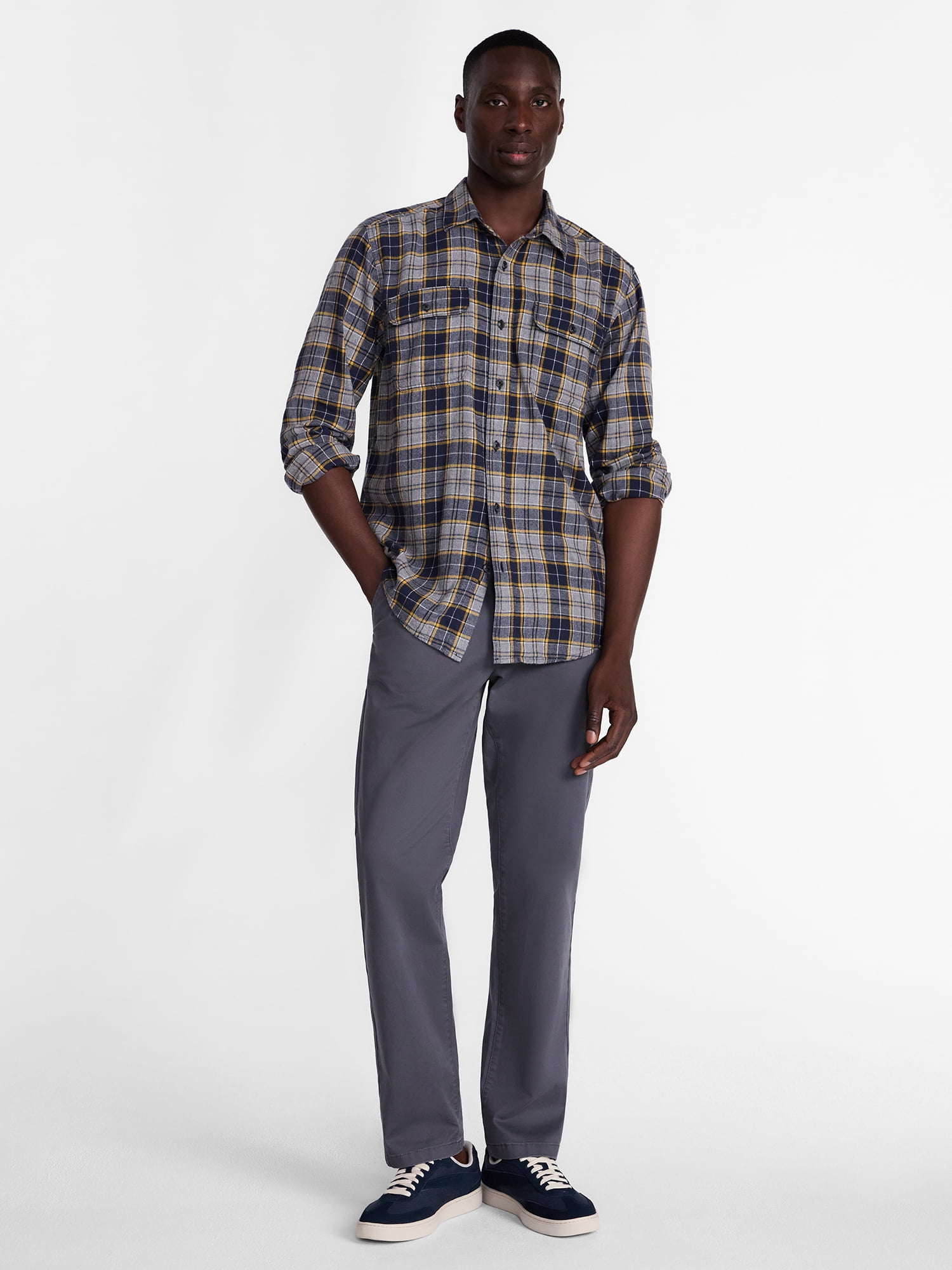 George Men's and Big Men's 100% Cotton Double Pocket Flannel Shirt, Sizes XS-3XLT
