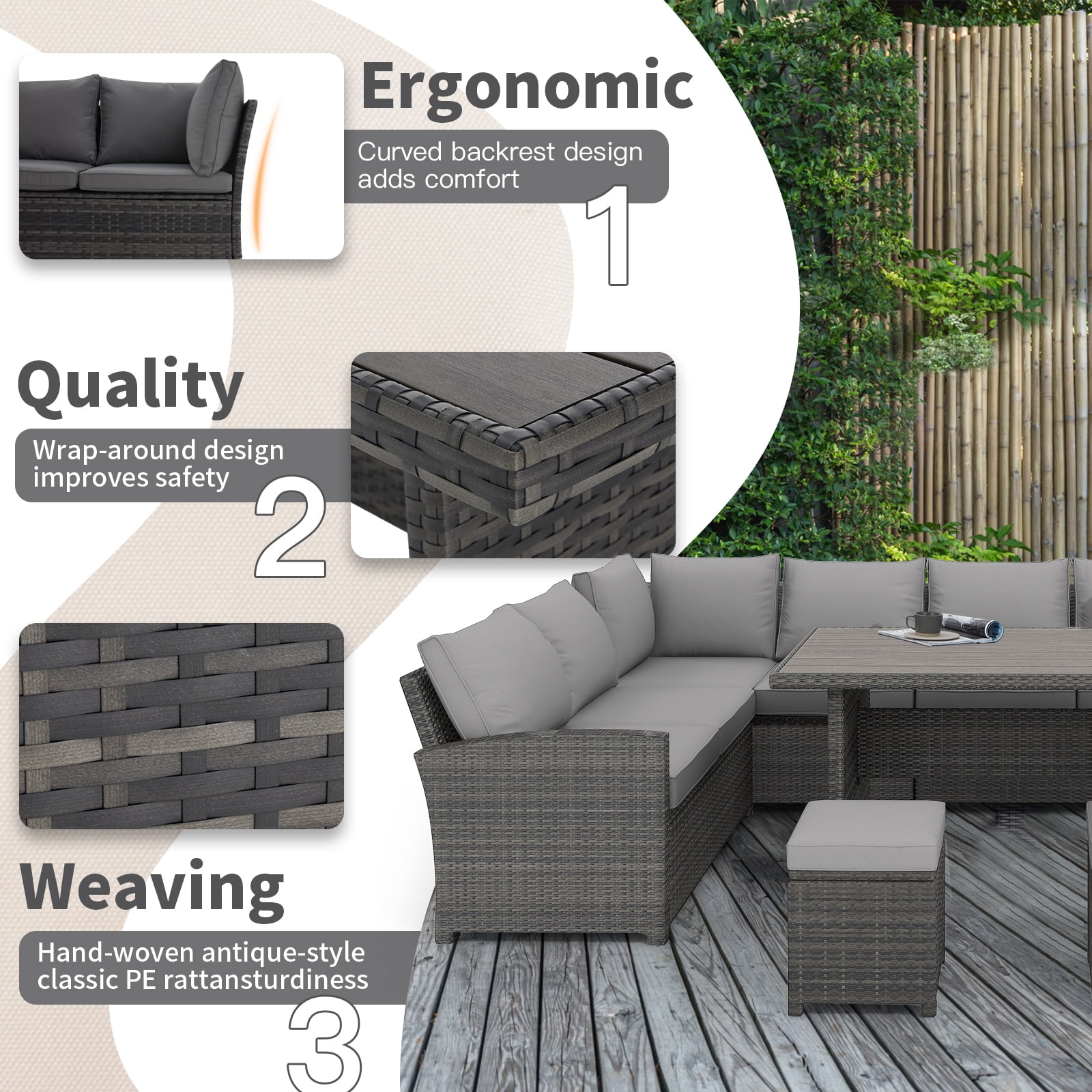 AECOJOY Patio Furniture Set, 7-Piece Rattan Wicker Sectional Sofa Couch, Outdoor Dining Conversation Set in Gray