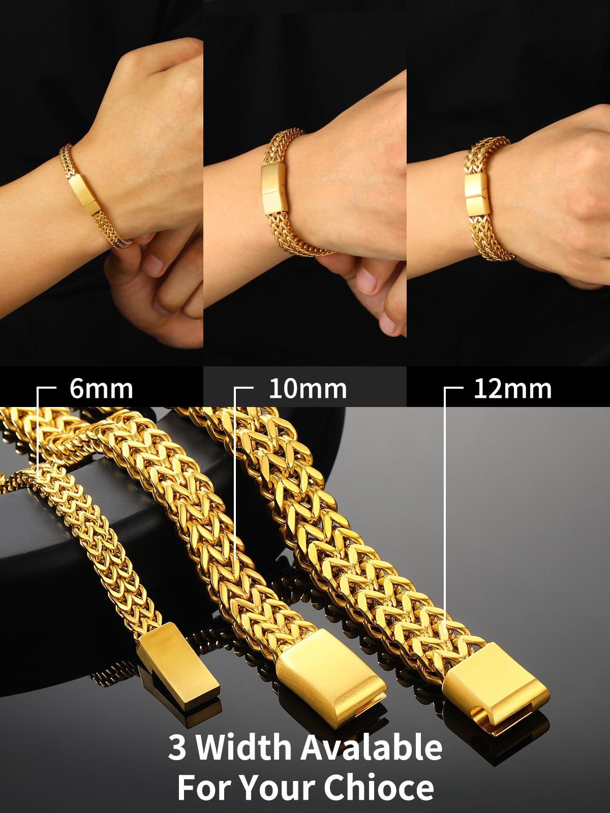 ChainsHouse 14K Gold Plated Chain Bracelets for Men, 12mm Wide Stainless Steel Wrist Band Non Tarnish Jewelry Gifts for Husband Dad Father's Day, 8.3inch