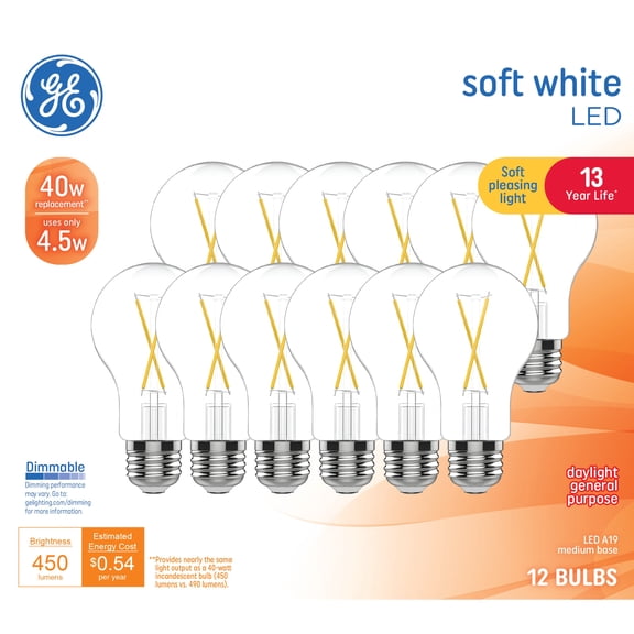 GE General Purpose, Clear A19 LED Light Bulbs, 40 Watt Replacement, Soft White (12 Pack)
