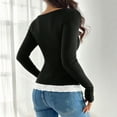 thumbnail image 4 of SYMOID Womens Black Stretchy Henley Top - Long Sleeve Square Neck with Lace Trim, Soft Polyester-Spandex Ribbed Knit, Slim Fit for Casual Daily Wear,Size XL, 4 of 4