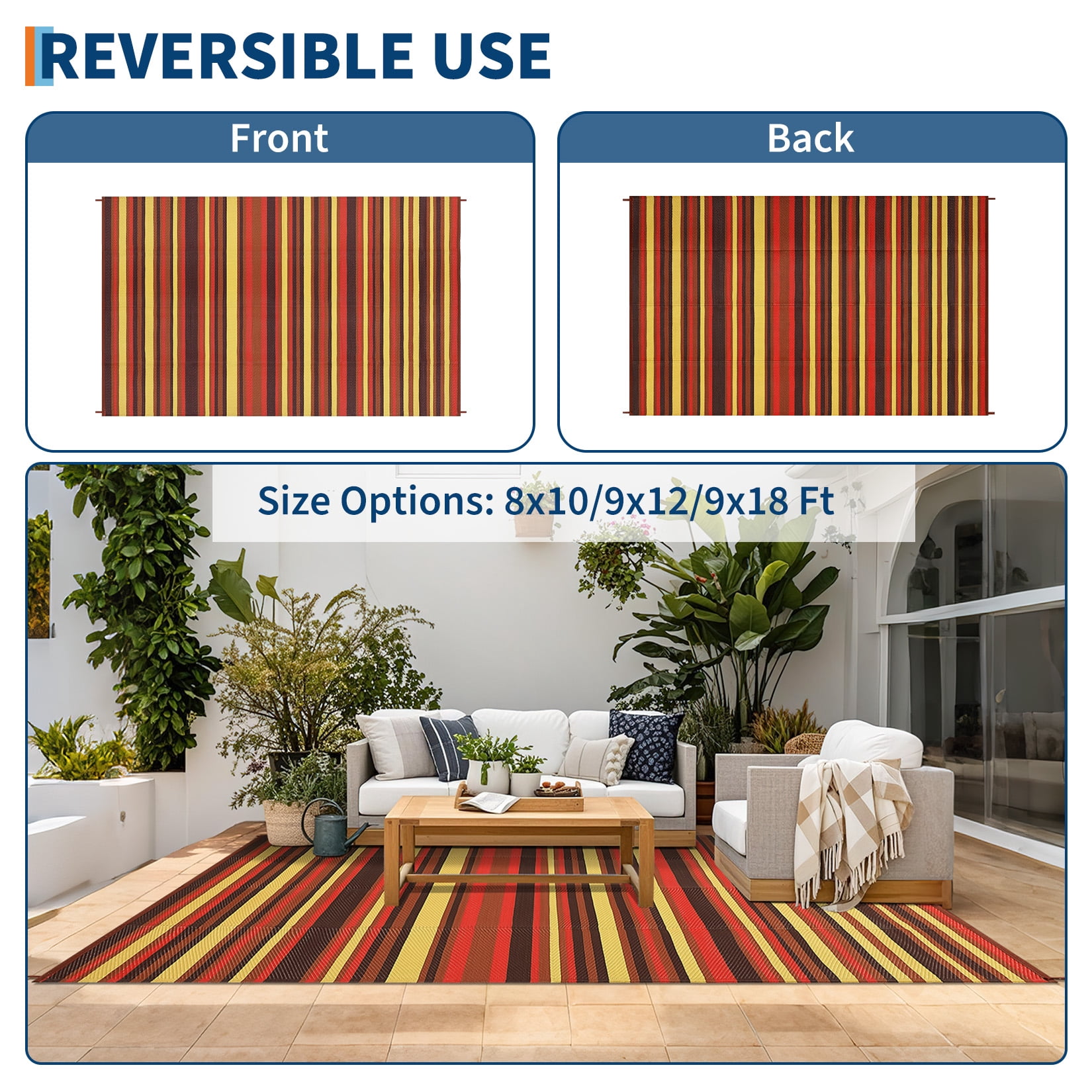HIWEAVER 8' x 10' Orange/Yellow Outdoor Rug PP Plastic Straw Woven Waterproof Patio Rug with Border Portable Outside Carpet for Balcony Deck Picnic Garden Decor