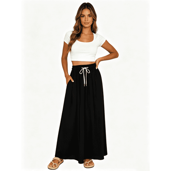 Busydd Maxi Skirts for Women Comfy Solid Color A-Line Flowy Skirt Casual Elastic Waisted Drawstring Long Skirt with Pockets S
