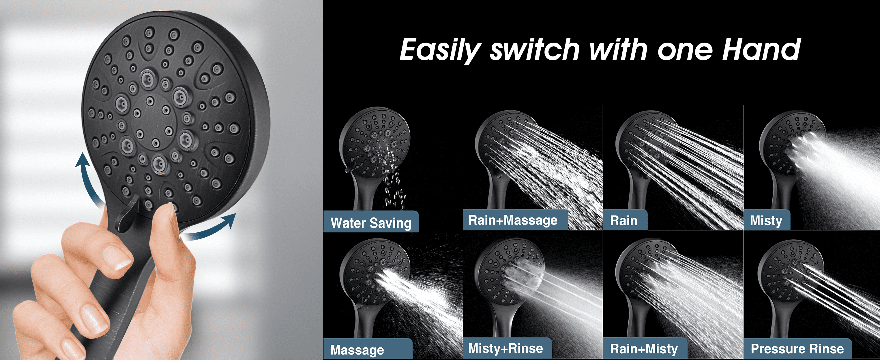 BRIGHT SHOWERS Rain Shower Head with Handheld Spray Built-in Power Wash, High Pressure Dual Shower Head with Height Adjustable Extension Arm, 3-Way Diverter, 9 Settings Handheld, 69” Long Hose, ORB