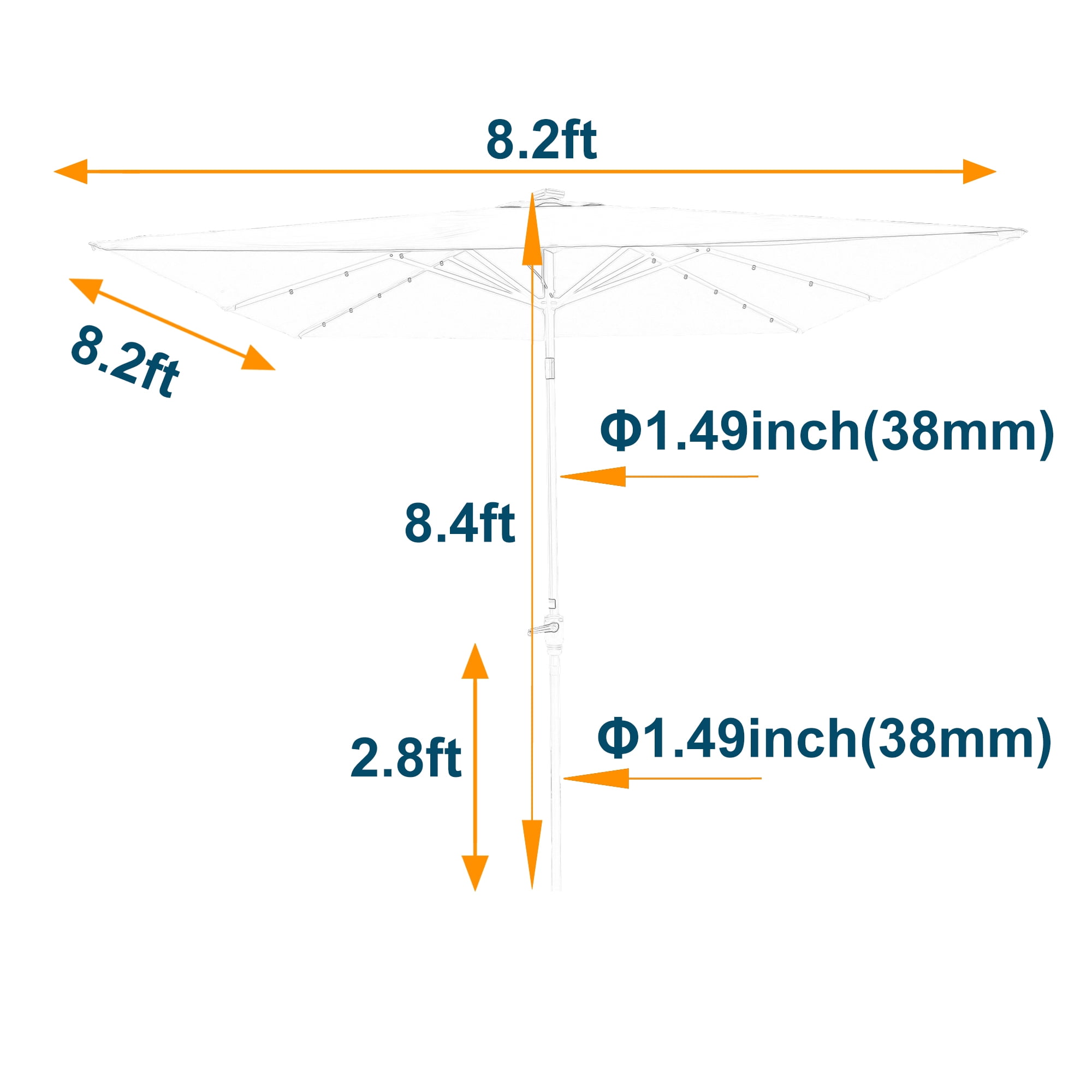 2.5x2.5M Square Outdoor Patio Umbrella, Solar LED Lighted Sun Shade Canopy with 8 Ribs & Crank Base, Medium Grey
