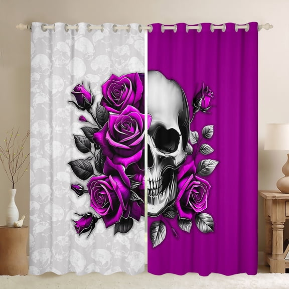 Feelyou Romantic Purple Rose Black Out Curtains, Gothic Skeleton Curtains Pack of 2 (42x63 Each), Valentine's Day Theme Bedroom Curtains, Curtains and Drapes Decor