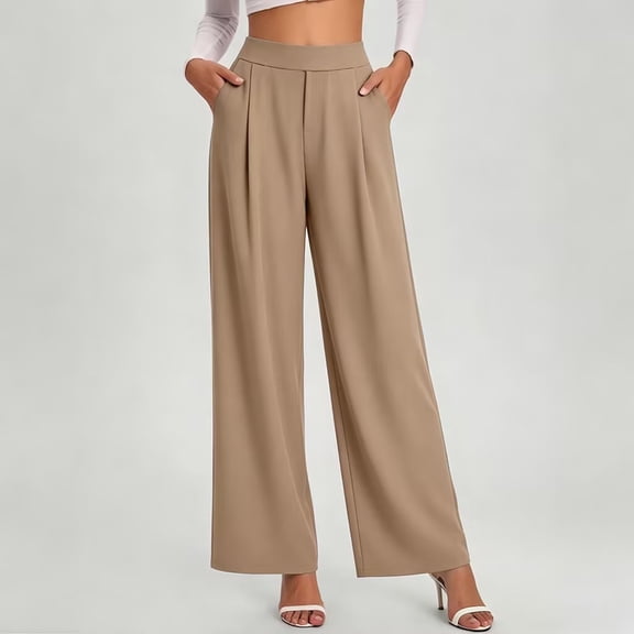 Mifsaly High Waisted Dress Pants for Women Pleated Wide Leg Trousers with Pockets Soft Comfortable Elegant Business Casual Work Office Outfits Khaki,XXL