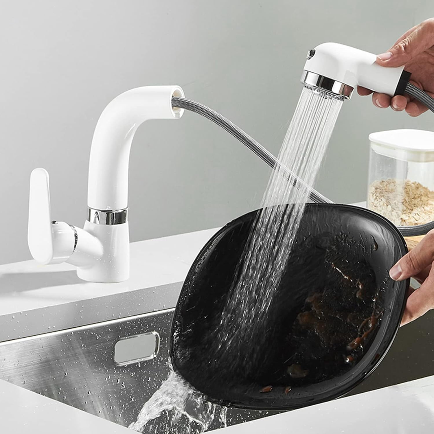 Kitchen Faucets with Pull Out Spray, Kitchen Sink Mixer Faucet White Telescopic Swivel Hot Water and Cold Water Multifunction Pull Out Kitchen Mixer Faucet