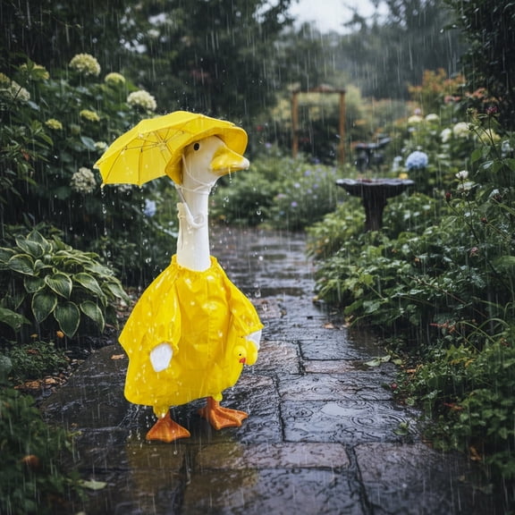 Goose Raincoat Outfit Costume Set | Yellow Plastic, Fits 23 Inch Lawn Goose Statue, Includes Hat & Umbrella | Durable Patio Garden Porch Decoration, Weatherproof Outdoor Accessory