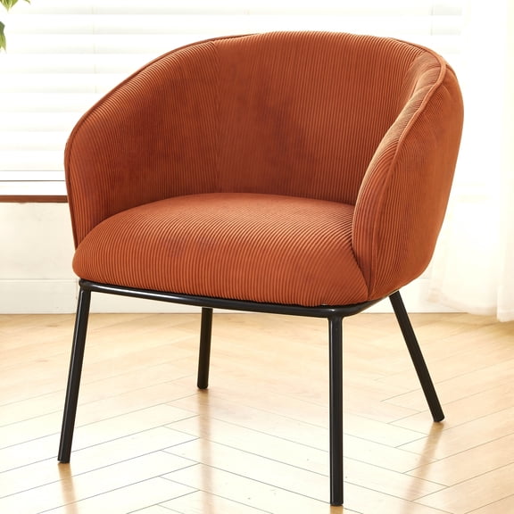 GDF Studio Mid-Century Modern Barrel Accent Chair with Corduroy Upholstery & Metal Legs, Orange