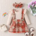 thumbnail image 4 of Godderr 0-3Y Newborn Toddler Girls Fall Winter Plaid Suspenders Skirt Set Outfits 3PCS Solid Color Jumpsuit Tops +suspenders Skirt+Bow Outfits, 4 of 9