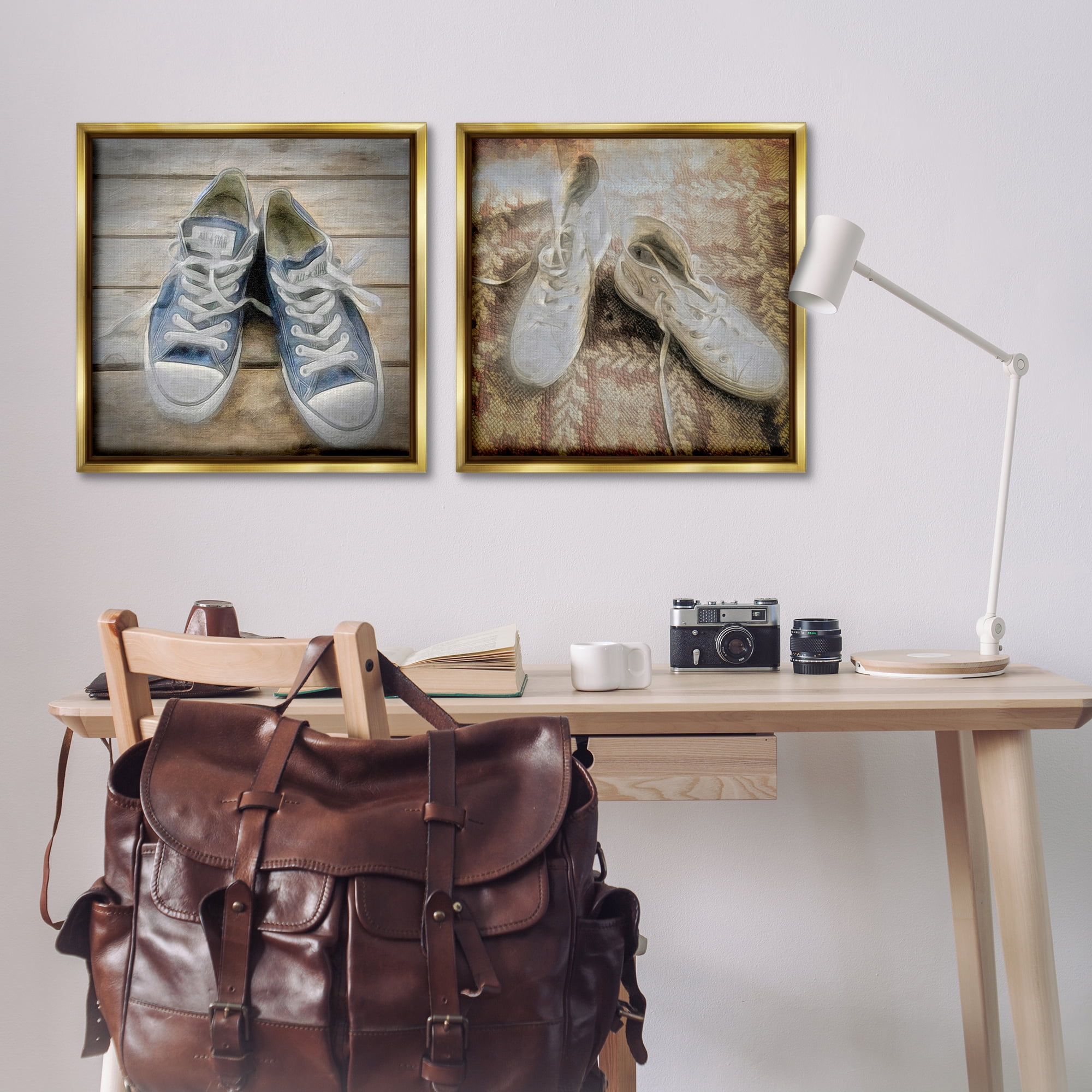 Stupell Industries Vintage Sneakers View Fashion Painting Gold Floater Framed Canvas Art Print Wall Art, 25 x 25, Set of 2