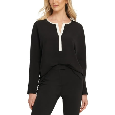DKNY Women's Split Neck Contrast-Trim Blouse Black Size X-Large