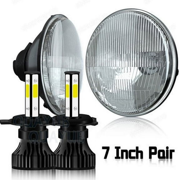 1 PAIR 7" ROUND H6024/H6017 H4 CONVERSION HEADLIGHT H4 LED WHITE BULBS