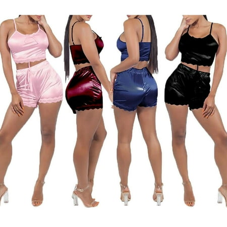 

wsevypo Women s Sexy Lace Satin Lingerie Smooth Silk-like Nightwear Sleepwear Pajama Set