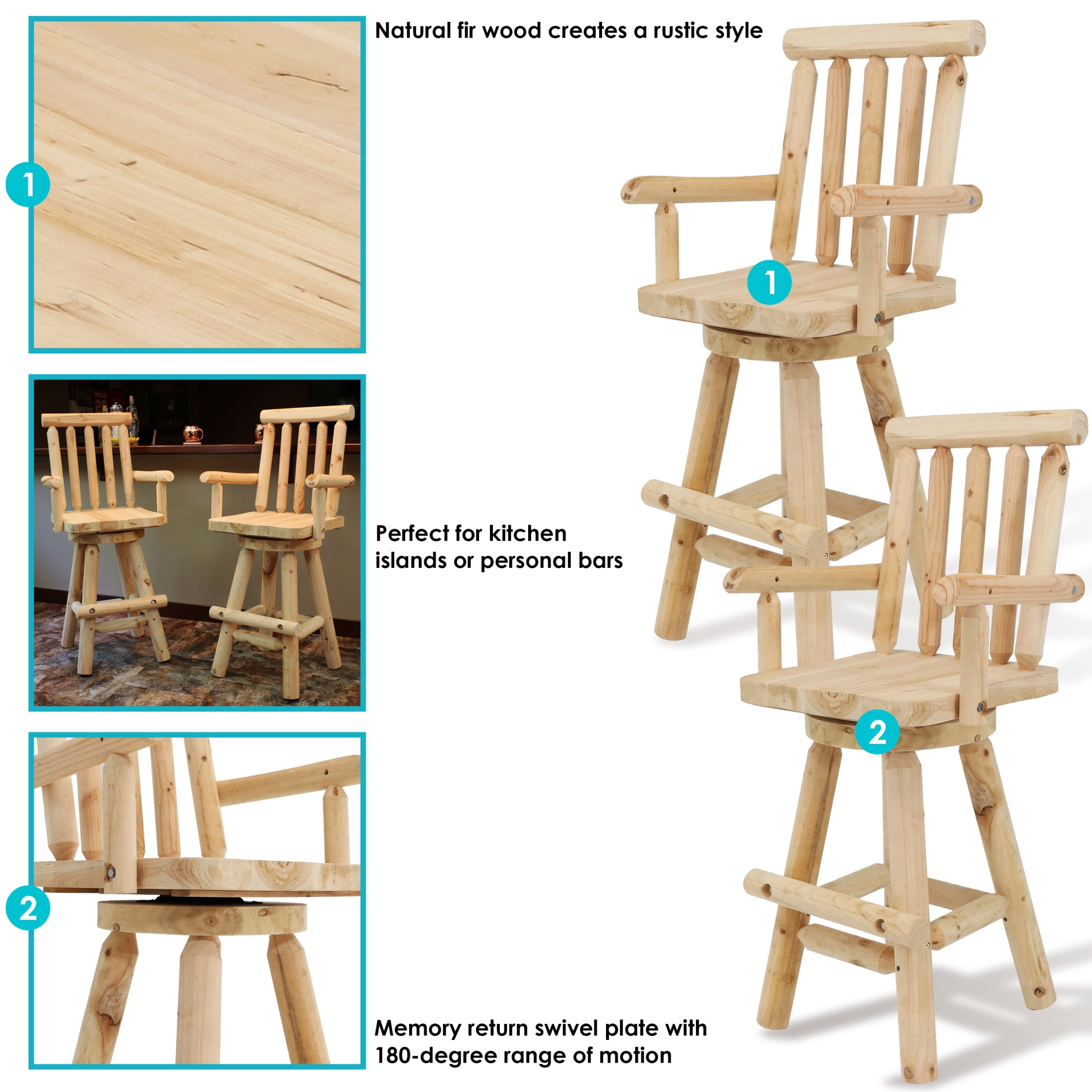 Sunnydaze Square Slat Back Rustic Log Cabin Style Bar Stool, Unfinished (Set of 2)