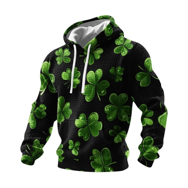 Ceisia Men's St. Patrick's Day Graphic Hoodie Casual Pullover | Black Neon Green Clover Print Relaxed Fit Drawstring Hooded Top Gifts
