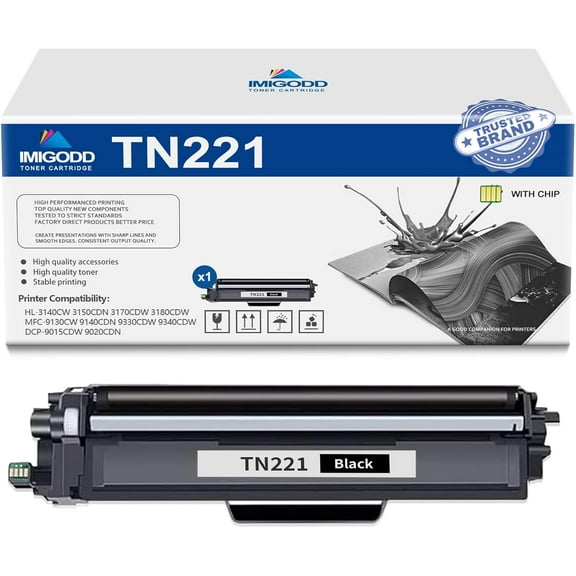 1-Pack TN221 Black Toner Cartridge (with Chip) Replacement for Brother High Capacity 3,000 Pages with HL-3140CW 3150CDN 3170CDW 3180CDW MFC-9130CW 9140CDN 9330CDW 9340CDW DCP-9015CDW 9020CDN Printer