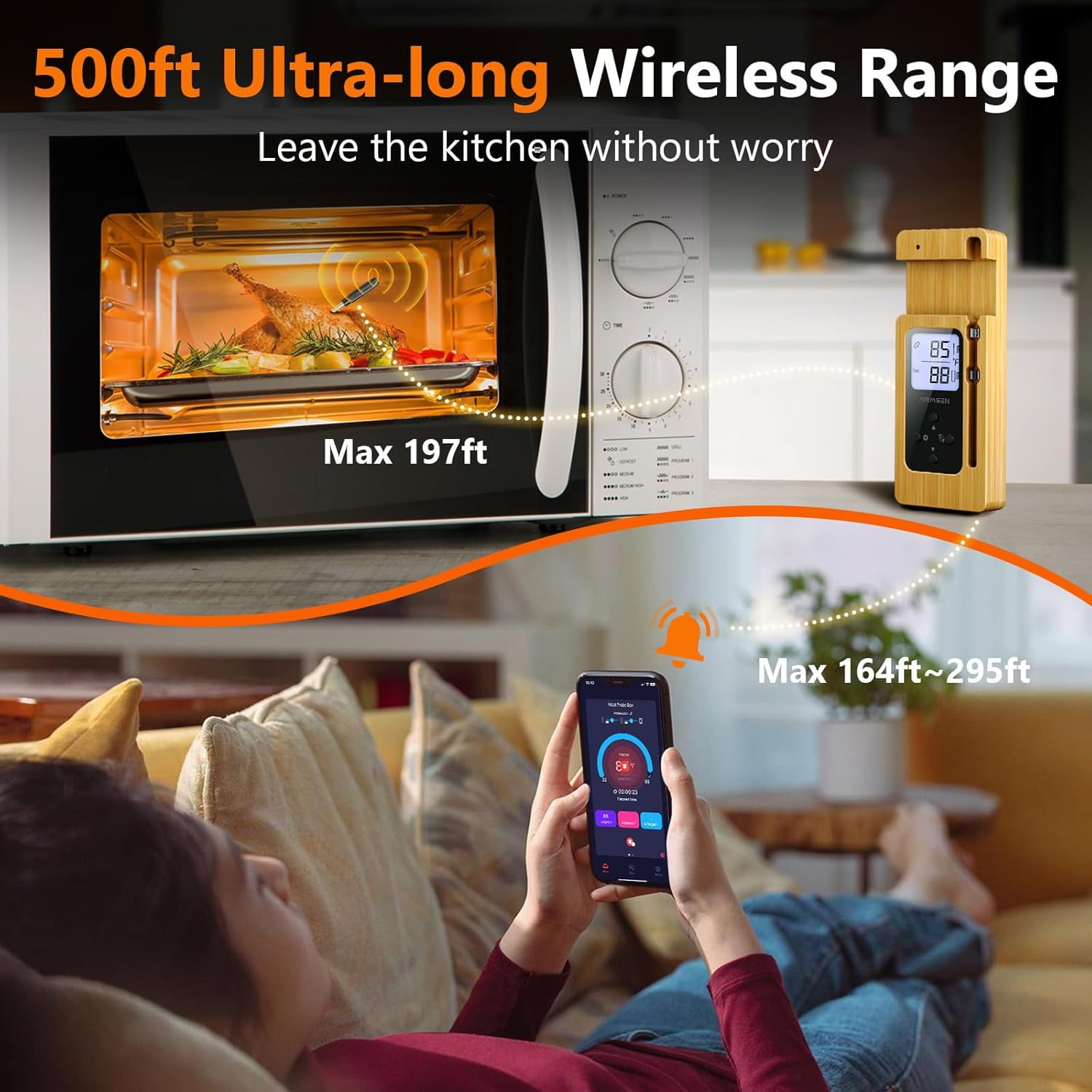 Wireless Meat Thermometer with LCD Display & Phone Alerts,  Heatproof Handle for BBQ,  Grilling