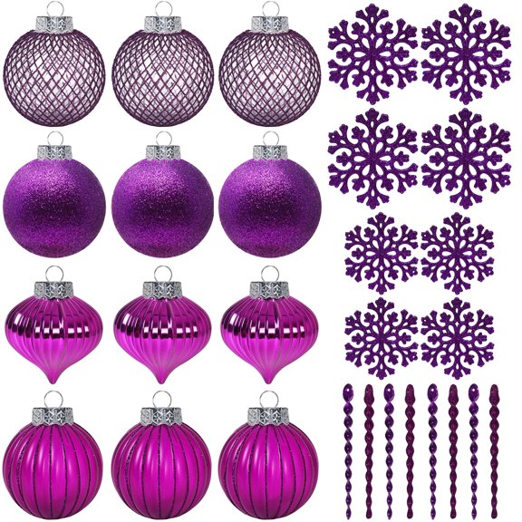 SLEETLY 28pk Purple Ornaments for Christmas Tree Holiday Xmas Decorations, Shatterproof Plastic 3.15 Balls, Icicles and Snowflakes