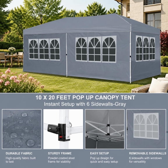 10 x 20 Ft Pop up Canopy Tent with 6 Sidewalls, Carbon Steel Frame, Wheeled Carry Bag, Instant Shelter for Outdoor Events, Parties, Market, Patio, Gray