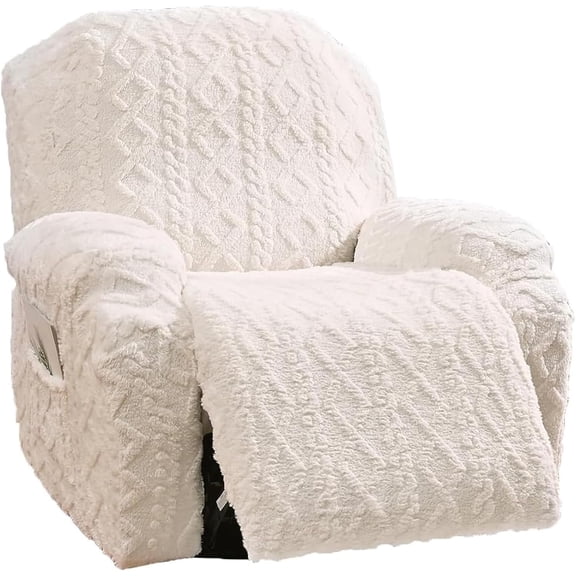 4 Pieces Recliner Chair Covers, Geometric Jacquard Plush Recliner Slipcovers, Couch Sofa Covers, Soft Fuzzy Fluffy Anti-Slip Furniture Protector for Kids Cats Dogs Elastic Bottom (Cream,1 Seat)