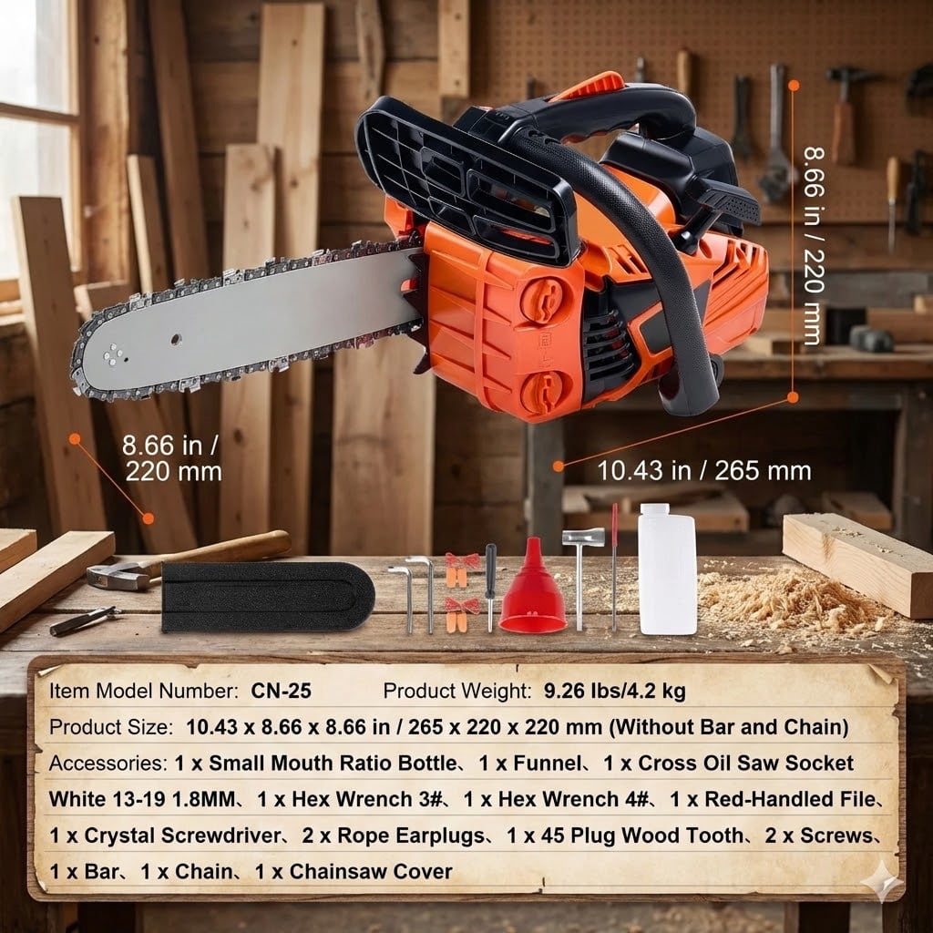25.4CC 12" Gas Chainsaw, 1.2HP Gasoline Powered Handheld for Tree, Wood, Branch Cutting & Trimming, Land Clearing