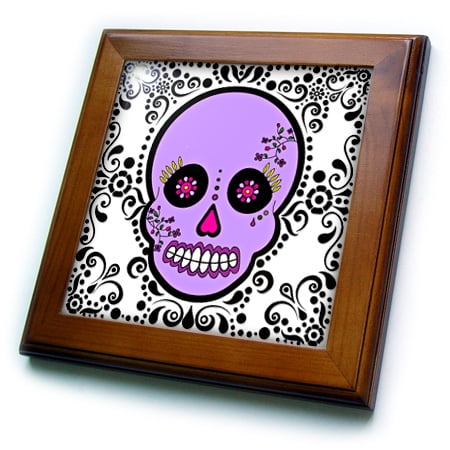 Black Rubber Scroll Design - 3dRose Day of the Dead Skull Día de los Muertos Sugar Skull Purple White Black Scroll Design - Framed Tile, 6 by 6-inch