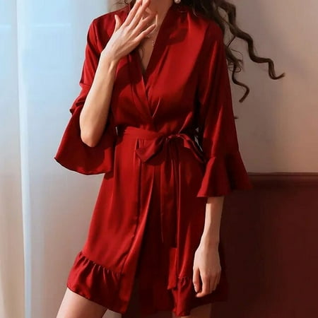 Municipal Long Robe Lingerie For Women Autumn Winter Silk Ruffled Lantern Sleeves Sleepwear Ice Silk Bathrobe Plus-size Nightdress Robe