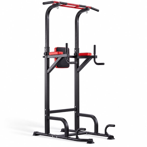 Fenbeli Adjustable Power Tower Home Gym Pull Up Bar Station with Resistance Ropes 11 Height Levels Steel Frame for Strength Training, Black and Red