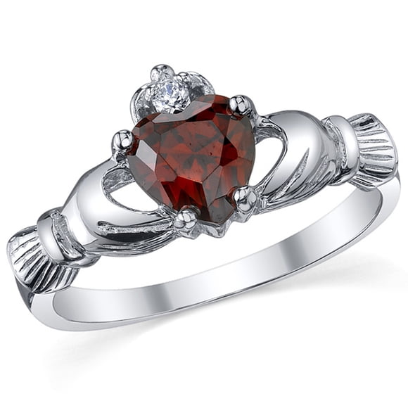Women's Sterling Silver 925 Irish Claddagh Friendship Love Simulated Garnet Red Heart Cubic Zirconia Ring 7