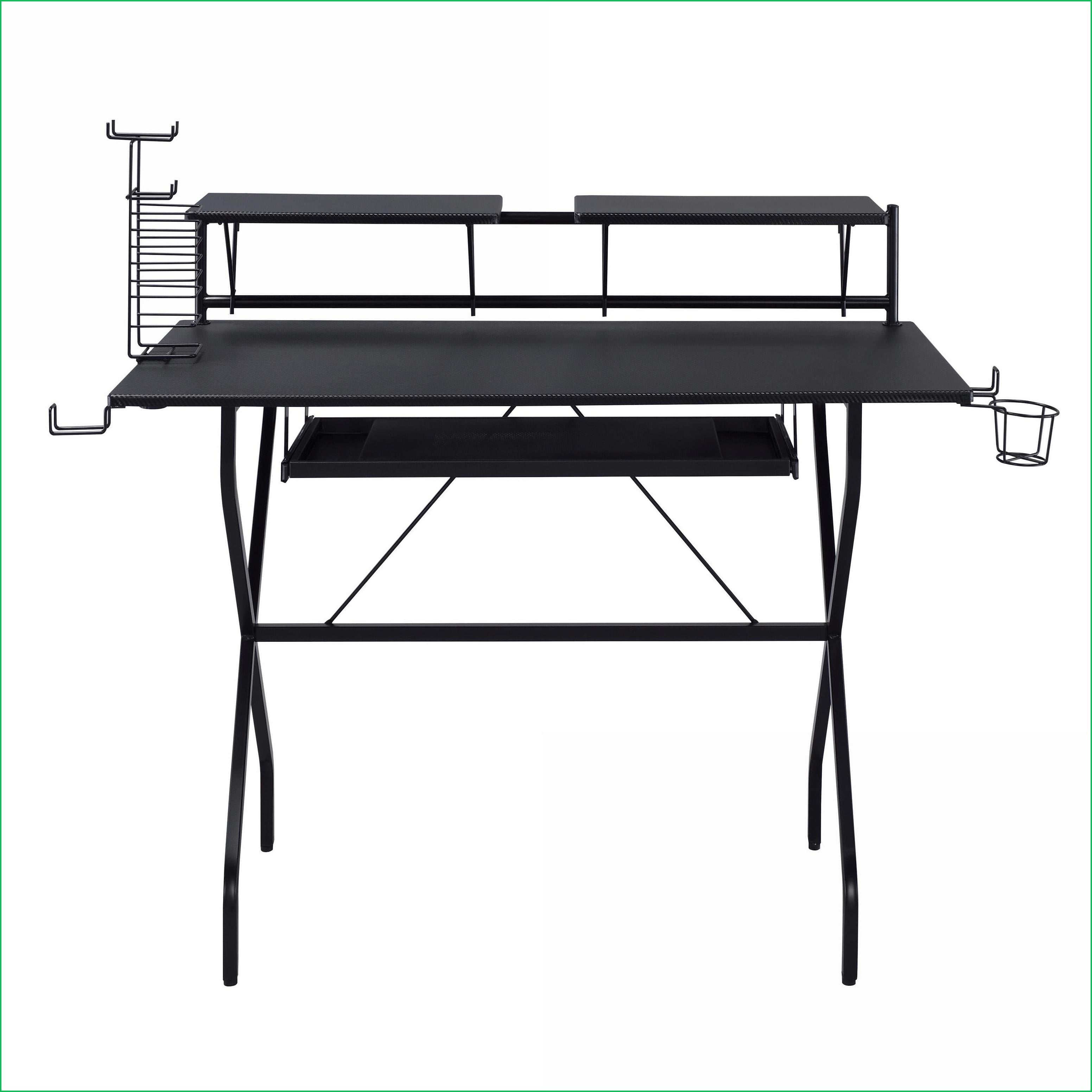Desks, Industrial Black Wood & Metal Computer Desk with Keyboard Tray, Headset Hooks & Game Rack | 47.5” Wide | Black | Wood+Metal