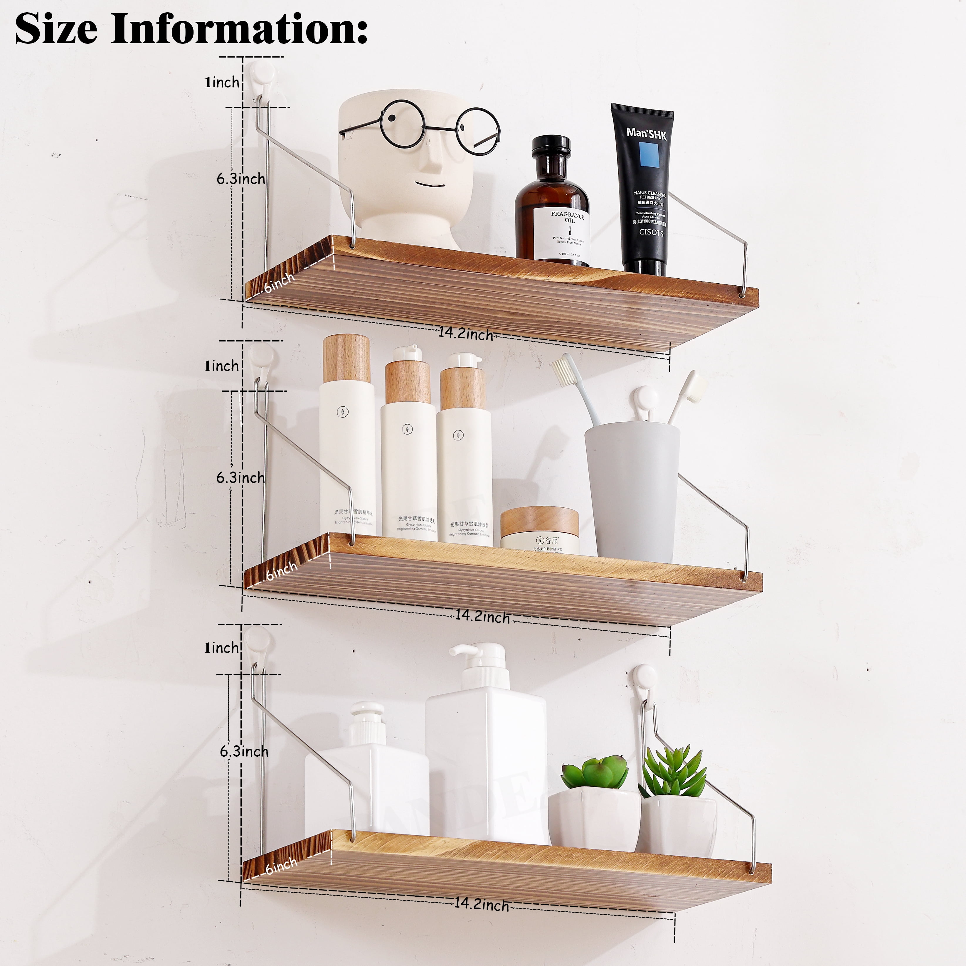 Floating Shelves for Wall Decor 14"x6" 3-Tier, No-Drill Natural Pine Wood Shelf for Projector Mount , Router, Modem, Cable Box,Xbox,mac-mini2024,Switch,Game Controller, for Living Room,Bedroom,Office