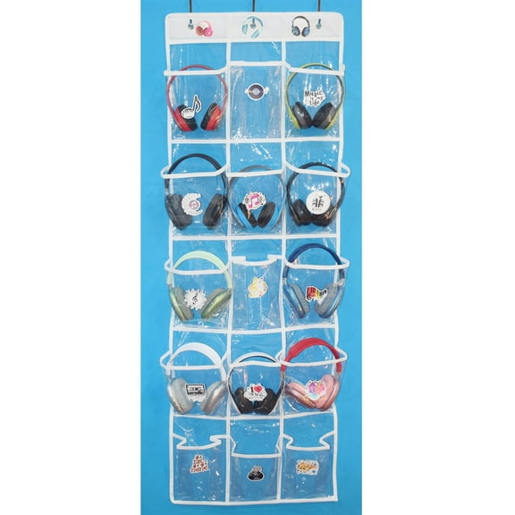 Nyhpar Headphone Storage Classroom Organizer, Over the Door Hanging Headphone Holder Organizer for Classroom Shelves with 15 PVC Clear Pocket Chart, Grade Teacher Finds Must Haves (1 pcs)