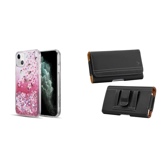 Liquid Glitter Case for iPhone 14 Plus and Belt Holster Pouch - Cherry Blossom