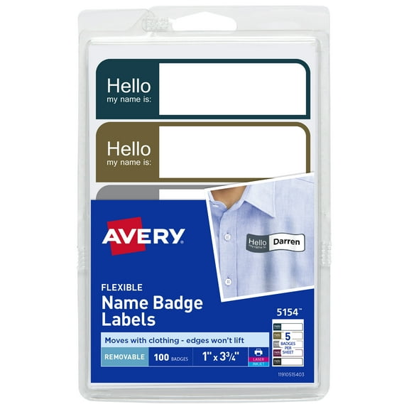Avery Flexible Name Tags, 1" x 3.75", Assorted Colors, 100 (05154)