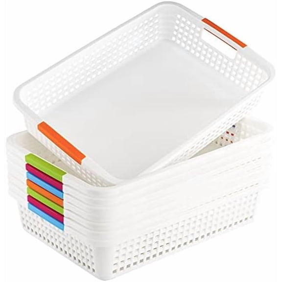 8 Pack Large Plastic Storage Basket with Handle - 15 x 10 x 3 Inch Pantry Organizer Basket Bins Desktop Paper Storage Basket for Organization, Countertops, Cabinets, Bedrooms, Bathrooms