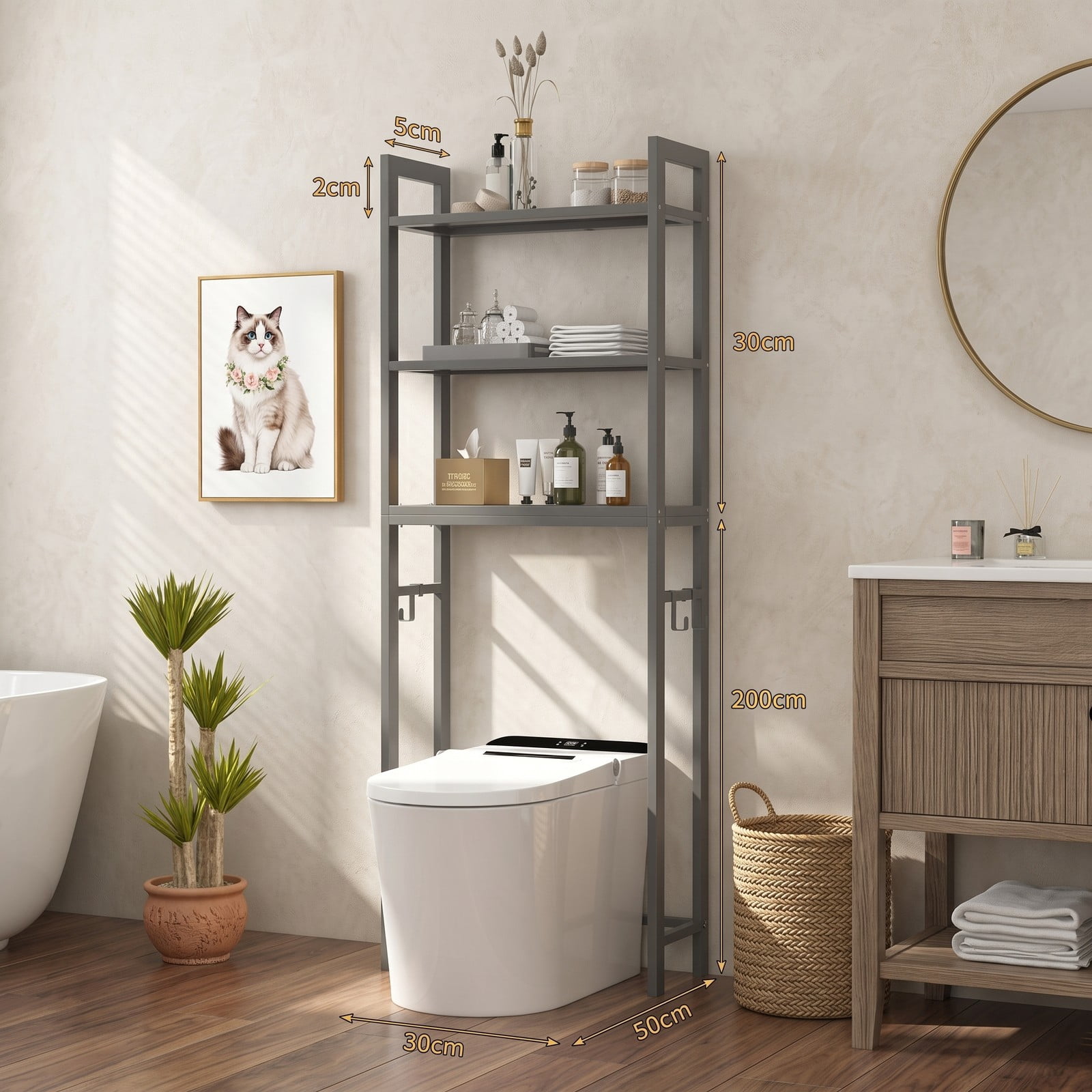 ALPULON Over-The-Toilet Storage Shelf, 3-Tier Space Saving Metal Bathroom Organizer Rack with 3 Hooks and Anti-Tipping Device, Freestanding Above Toilet Stand, Gray