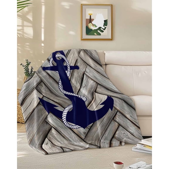 Fleece Blanket Nautical Dark Blue Navy Anchor Blankets, Soft Cozy Warm Flannel Throw Blanket, Retro Wooden Board Blanket for Bed Couch Sofa,50x60In