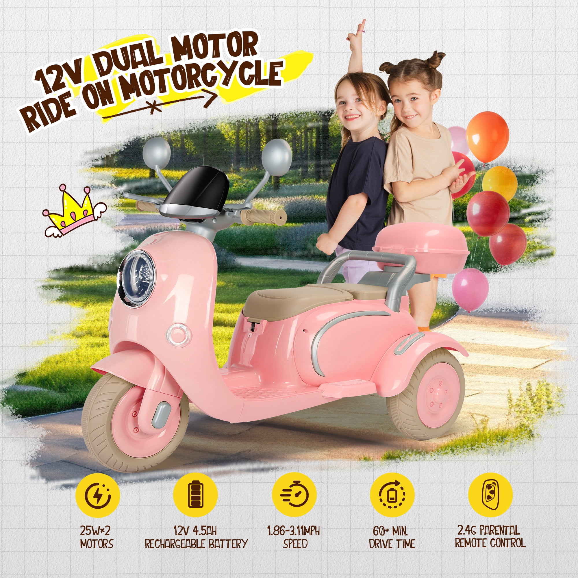 Letsgokid 2 Seater Electric Motorcycle, 12V Ride On Motorcycle with USB, Music, Bluetooth, Light, Big Storage Box, Motorcycle for Kids 3+