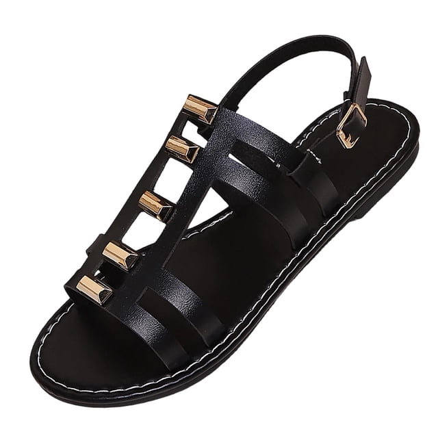 Sandalias de Playa Negras para las Mujeres Hebilla de Metal Cuero Patente Hueco Fuera Mochilas Planas Verano, Sandalias Planas Negras para las Mujeres