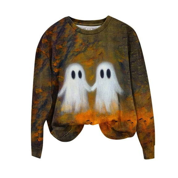 Lcziwo Spooky Sweatshirt Women Halloween Funny Ghost Print Sweater Long Sleeve Crew Neck Loose Pullover Spooky Season Casual Fashion Tops Brown,XXL