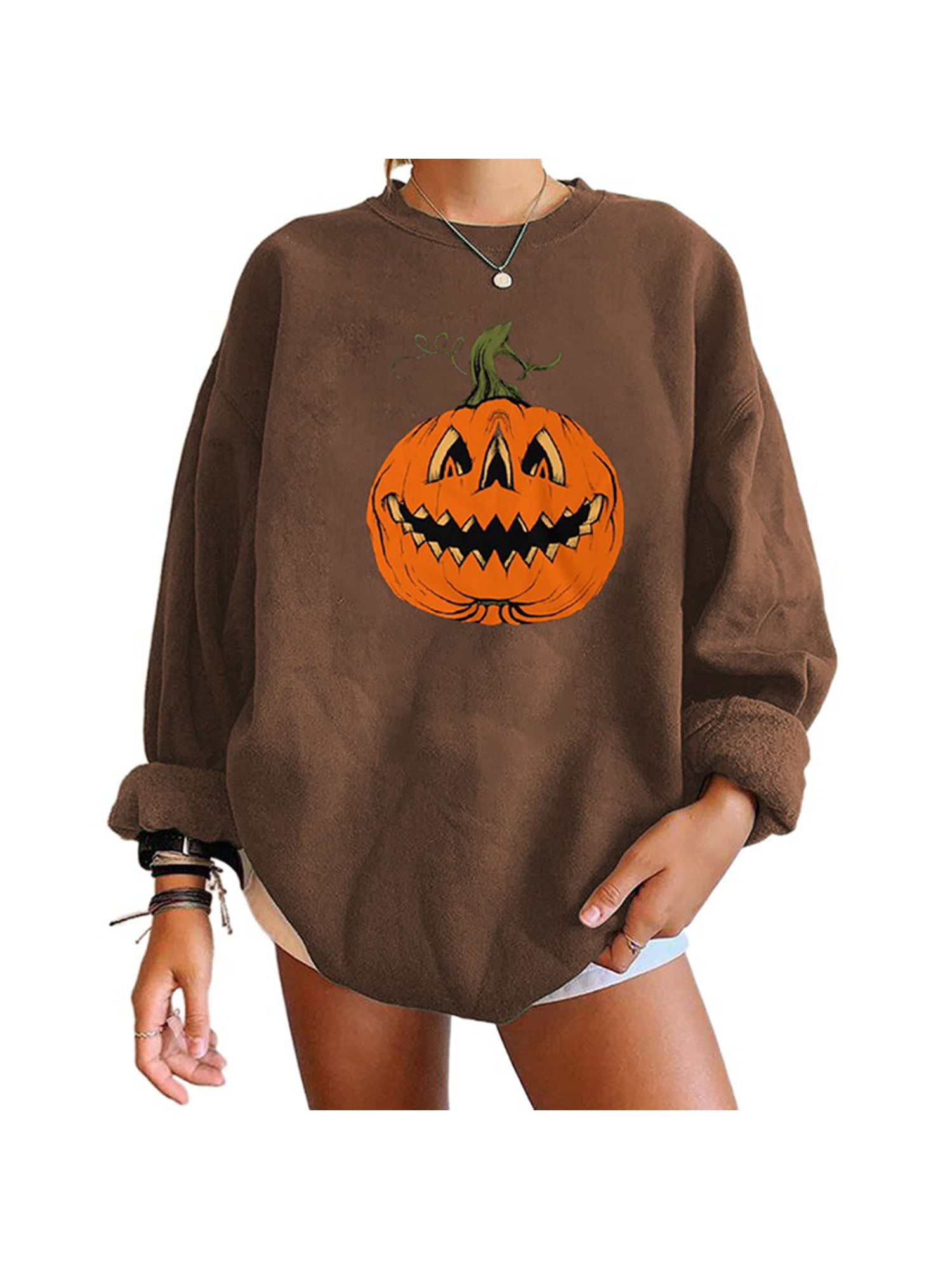 Women's Halloween Shirt Fashion Pumpkin Printed Long Sleeve Pullover Tops Casual Crew Neck Sweatshirts 