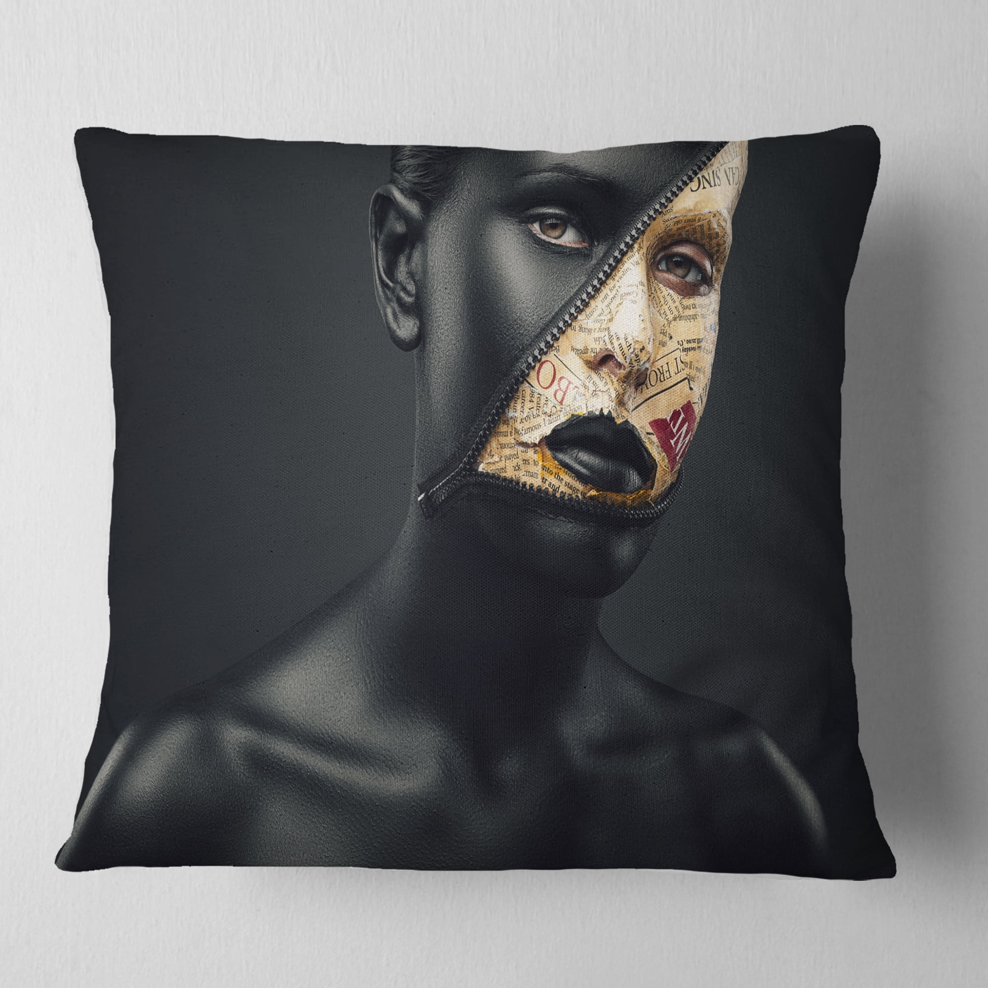 Designart Woman with a Zip on Face - Portrait Throw Pillow - 16x16