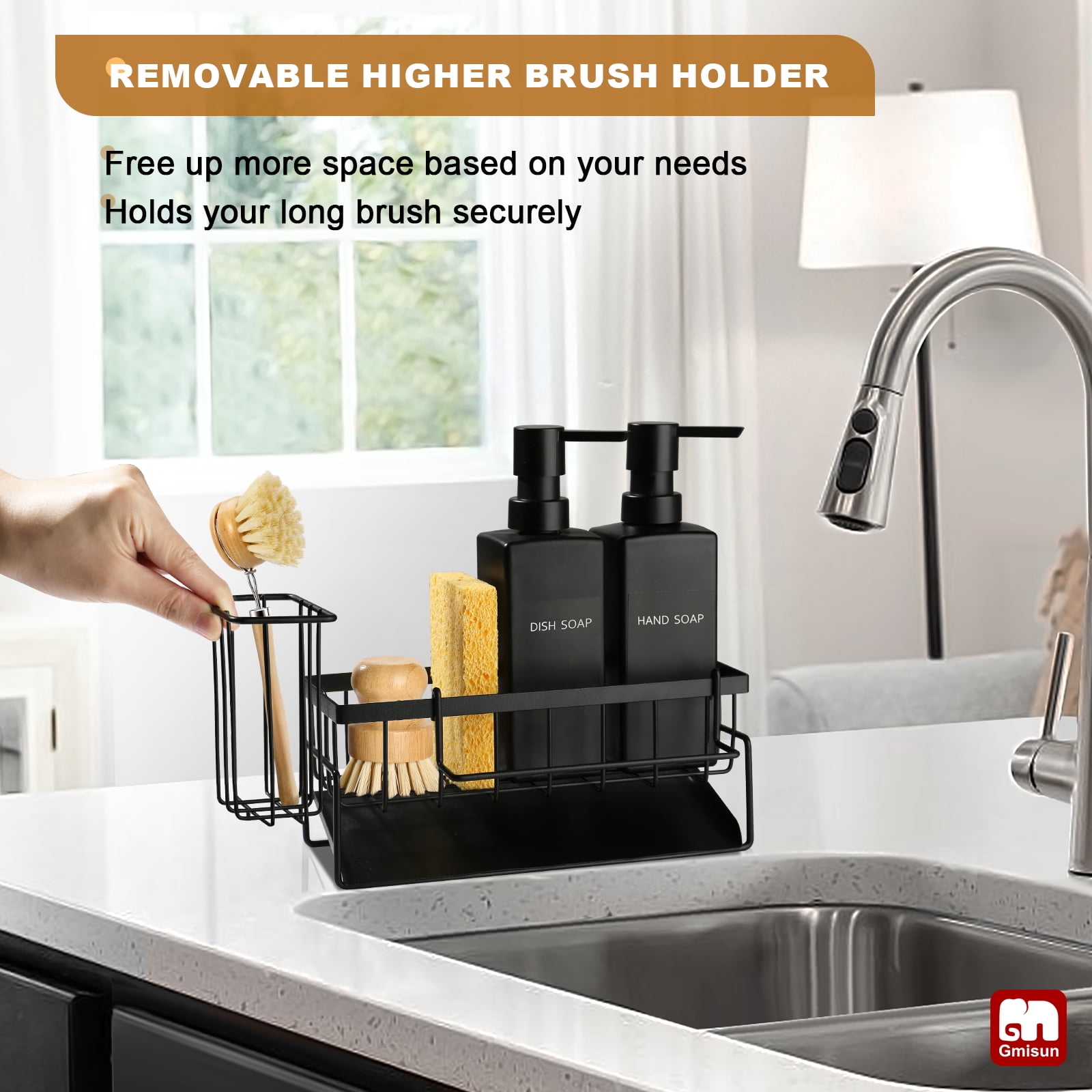 GM GMISUN Dish Soap Dispenser for Kitchen, 12 fl oz/350 ml Kitchen Soap Dispenser with Sponge Holder, Customized Matte Black Kitchen Soap Dispenser Set