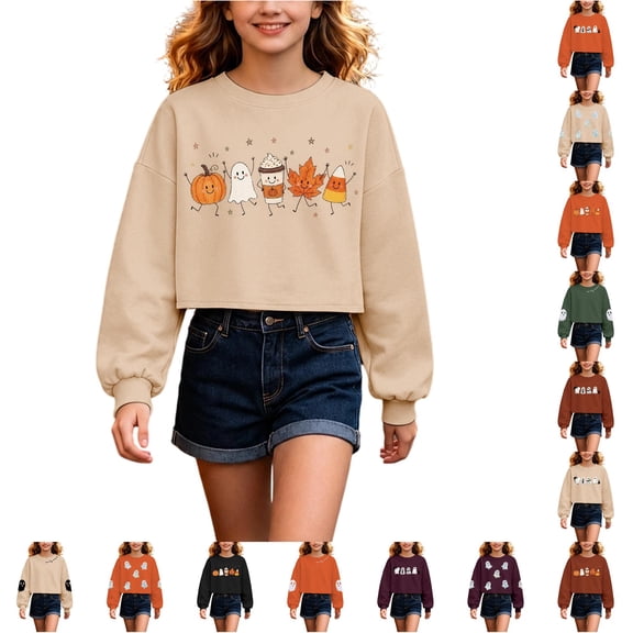 WhouRiu Girls Halloween Graphic Tees Kids Long Sleeve Crew Neck Crop Tshirt Comfortable Cute Holiday Party T Shirts,8-9 Years