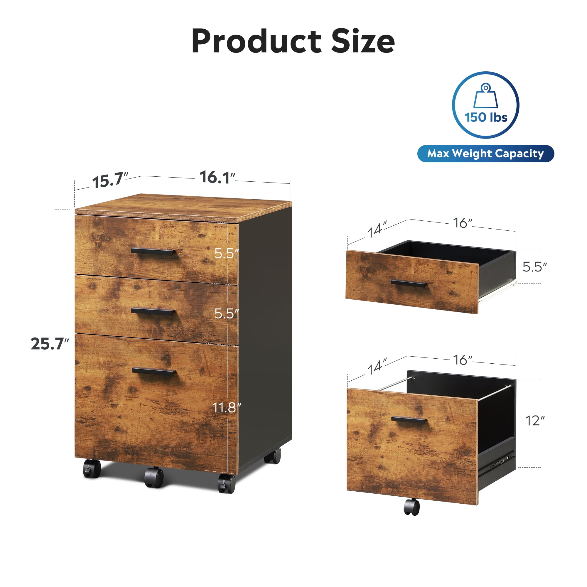 GALAXHERO 3-Drawer Wood Mobile Filing Cabinet, Rolling File Cabinet for Home Office, Fits Letter/A4 Size Documents, Rustic Brown