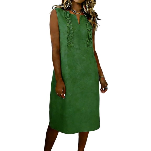 Ecqkame Womens Cotton Linen Dresses Summer V Neck Short Sleeve Causal Loose Tshirt Dresses Side Split Flowy Beach Sundress Green S